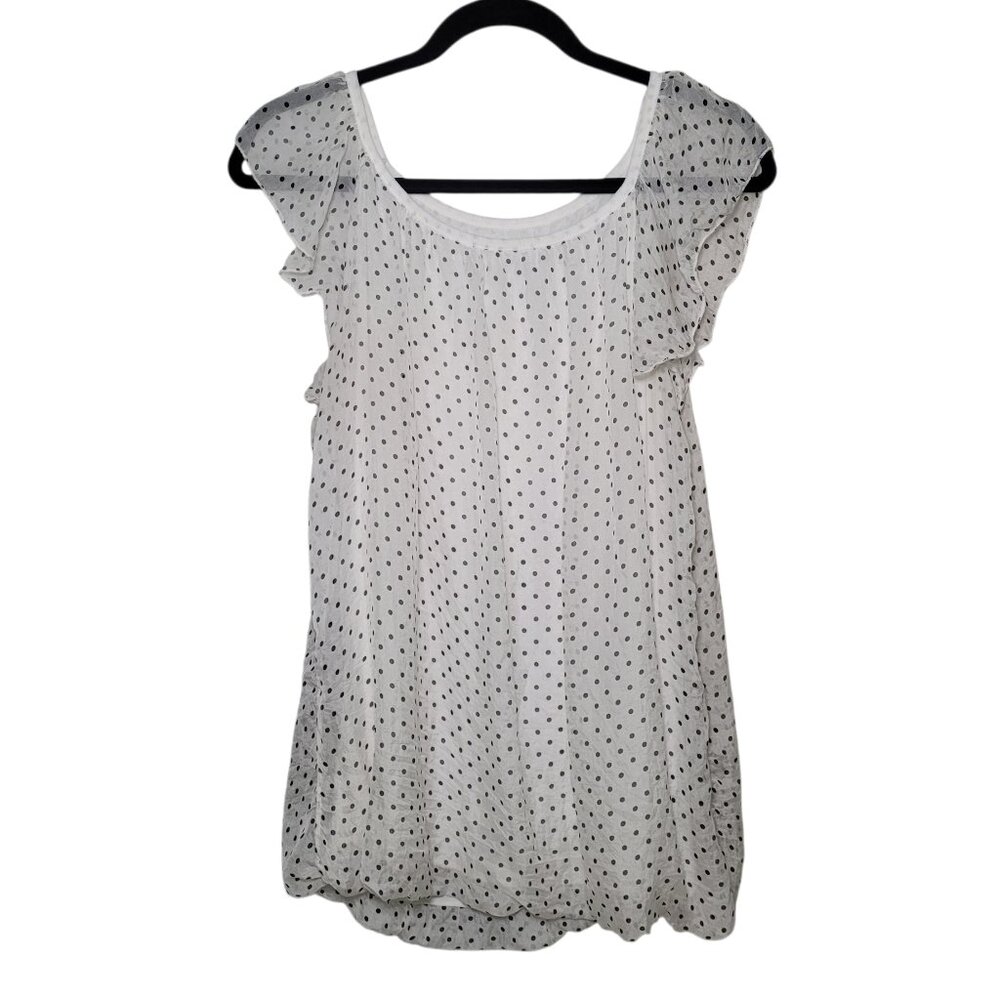 Luisa Ricci Polka Dot Flutter Sleeve 100% Silk Bubble Hem Blouse Large White